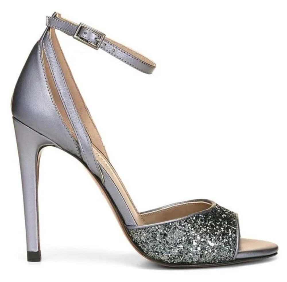 Donald J Pliner Heel Sandals SZ 8.5 Silver Metallic Glitter Peep Toe Ankle Strap